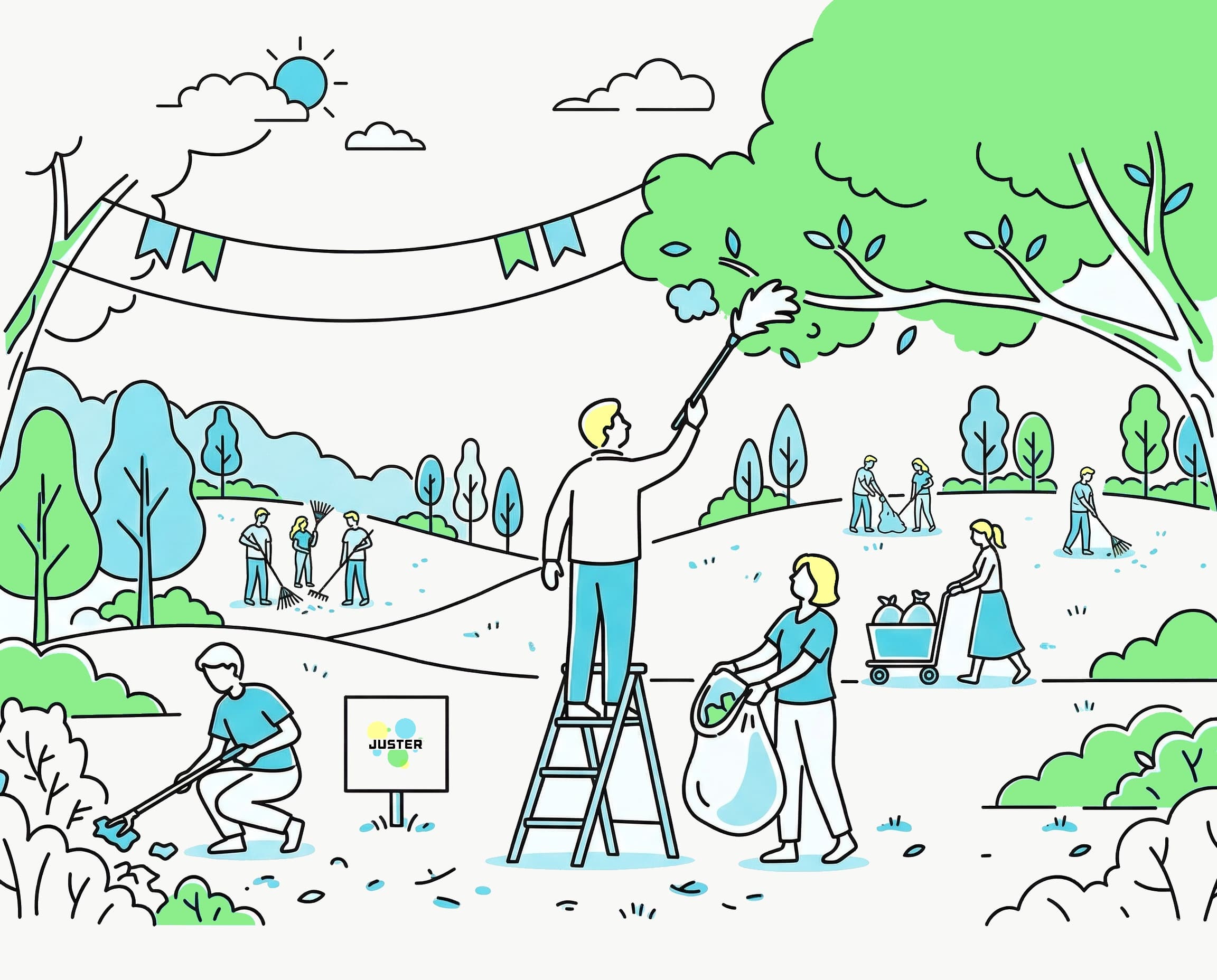 地域でゴミ拾いを楽しむ人々のイラスト
